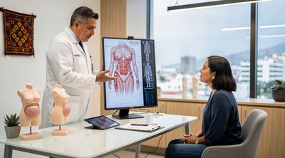 A Mexican plastic surgeon consults with an American patient about 360 liposuction in a modern Tijuana clinic.