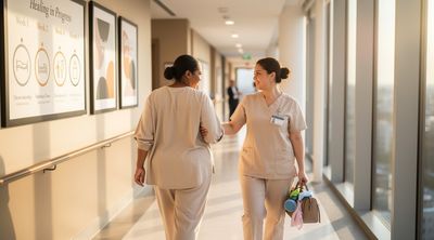 A recovering patient walks with nurse support in a Tijuana hotel corridor during BBL healing.
