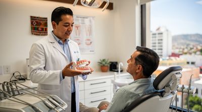 A Mexican dentist shows a traditional dental bridge model to an American patient in a modern clinic.