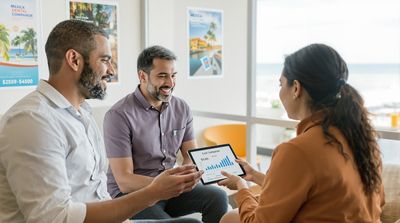 A couple discussing cost savings for dental implants in Mexico with a clinic coordinator in a beach-view consultation room.