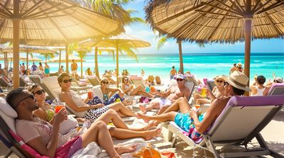 Diverse patients recovering comfortably at a Cancun beach resort after successful dental implant treatment.