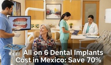 A Mexican dentist consulting with an excited American patient in a modern dental clinic about affordable All-on-6 implants.