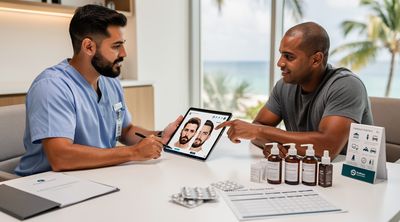 A consultation session focusing on beard design and all-inclusive care packages in a Mexican clinic.