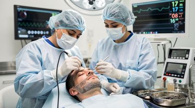 Surgical team implanting grafts precisely into the patient's beard area under medical supervision.