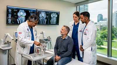 Canadian orthopedic team reviewing surgery options with an American patient in Toronto.