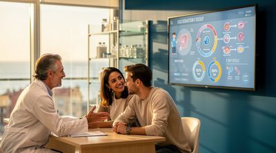 Spanish fertility expert consulting an international couple on IVF in Barcelona.