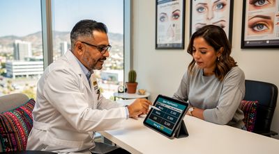 A Mexican surgeon in Tijuana discusses blepharoplasty costs with an American patient using a tablet.