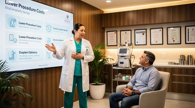 A Mexican surgeon explains affordable blepharoplasty factors to an American patient in a clinic.