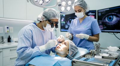 A Mexican surgeon performs upper blepharoplasty on an American patient in a surgical suite.