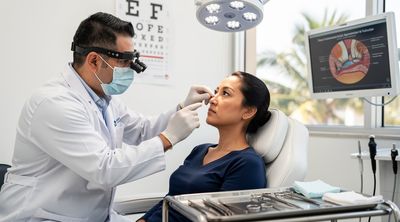 A surgeon examines a patient's lower eyelids for blepharoplasty in a professional medical setting.