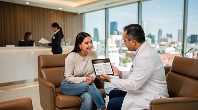 A Mexican surgeon explaining all-inclusive arm lift package details to a patient using a tablet in a luxurious clinic setting.