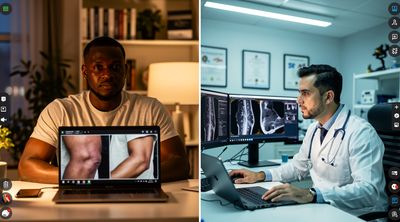 A patient participating in a virtual consultation with a Mexican surgeon to assess candidacy for brachioplasty.