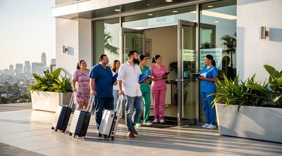A group of diverse patients arriving at a Tijuana bariatric clinic near the US border.