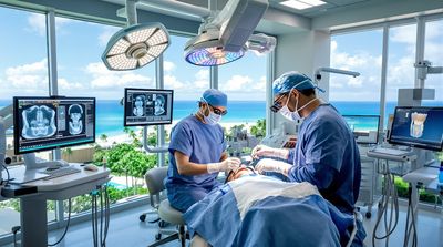 Mexican oral surgeon performing precise dental implant procedure in modern surgical suite.