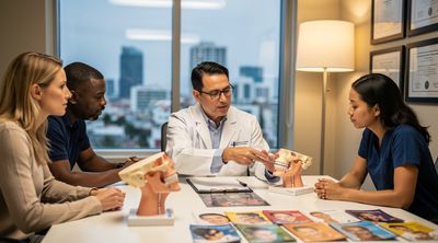 A Mexican surgeon consulting diverse patients on chin liposuction procedure in a Tijuana clinic.