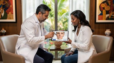 Dr. Alejandro Quiroz at VIDA Wellness showing 3D chin lipo results to a patient during consultation.