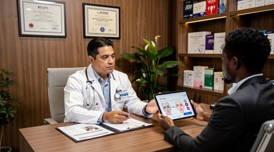 A certified Mexican dermatologist reviews credentials with a diverse patient for laser procedure.