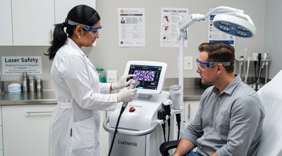 A specialist demonstrates fractional CO2 laser technology to an interested patient in clinic.