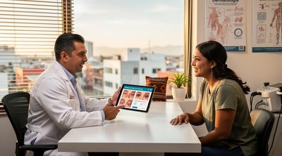 A Mexican dermatologist consulting with an American patient on CO2 laser resurfacing costs in a modern clinic.