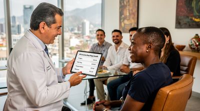 A Mexican surgeon discusses affordable facelift packages with a patient in a modern clinic.