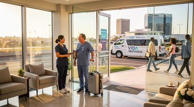 A nurse assists a patient near the US-Mexico border for convenient clinic access.
