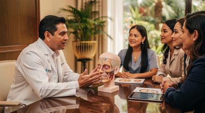 A premium surgeon in Guadalajara explains facelift using a 3D model to patients.