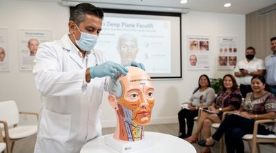 A surgeon demonstrates the deep plane facelift technique on an anatomical model.