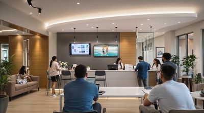 American patients checking in at modern Mexican dental clinic reception desk