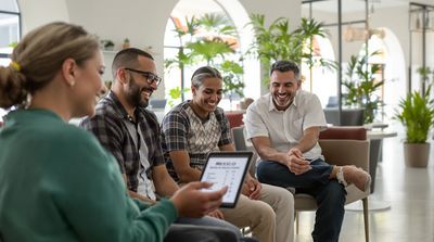Multicultural American patients reviewing Mexico dental bridge savings on tablet in modern clinic waiting room