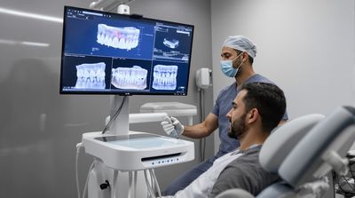 Dentist using intra-oral 3D scanner on patient with live scan on 4K monitor