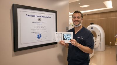 Mexican dentist displaying ADA certificate next to CBCT scanner in modern accredited clinic