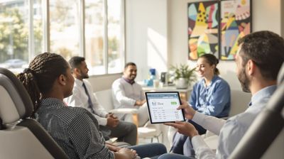 Mexican dentist showing cost comparison on tablet to diverse American patients in modern consultation room