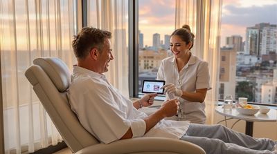 American patient recovering in Tijuana dental clinic with nurse explaining aftercare.