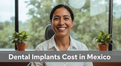 A smiling patient showcasing their new dental implants in a modern Mexican clinic, symbolizing affordable dental tourism.