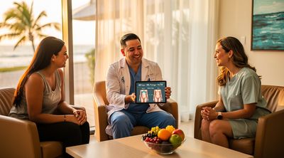 A surgeon explaining affordable BBL packages to diverse patients with digital visuals.