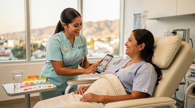 A nurse supports a recovering patient post-gastric balloon procedure in a comfortable recovery area.