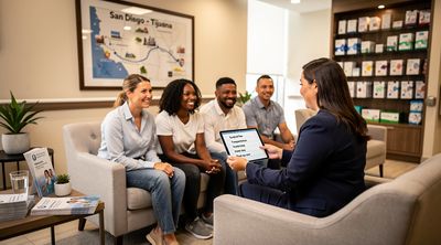 Bilingual coordinator discusses all-inclusive surgery package with diverse patients in a Tijuana hospital lobby.