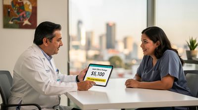 A Mexican bariatric surgeon discusses gastric sleeve costs with a diverse patient in a modern Monterrey clinic.