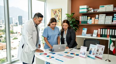 A diverse team of medical staff reviews cost efficiencies in a Monterrey bariatric clinic office.