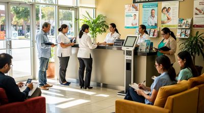 Busy clinic staff assist diverse international patients in high-volume Tijuana bariatric center.