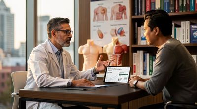 A surgeon explains cost factors for gynecomastia procedures based on case severity to a patient.