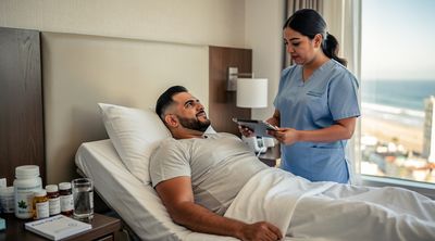 A nurse provides post-surgery care to a patient recovering in a Tijuana hotel room.