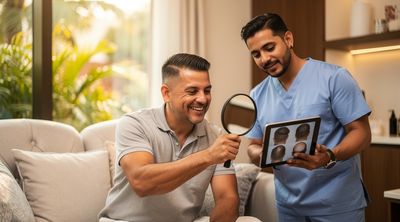 A happy patient admires natural hair transplant results in a mirror during a positive follow-up appointment.