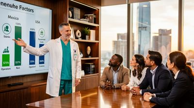 A surgeon explains cost-saving economic factors to patients using an informative infographic in a clinic office.