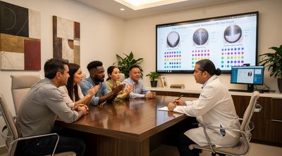 Mexican specialist discusses FUE cost factors with diverse patients in a consultation room.