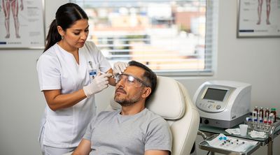 Mexican nurse administers PRP therapy to an American patient in a Tijuana treatment room.
