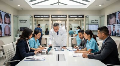 Diverse team at a competitive Tijuana hair clinic reviews patient cases collaboratively.