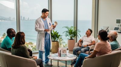 Surgeon explains hip resurfacing to a diverse group of patients in a coastal clinic lounge.