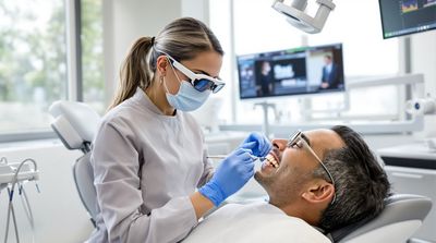 Mexican orthodontist performing detailed ceramic braces adjustment on American patient in sterile clinical treatment room.