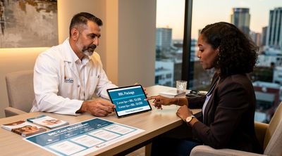 Mexican surgeon discussing BBL pricing with patient in clinic.